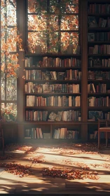 Cozy autumn library drenched in soft golden daylight.