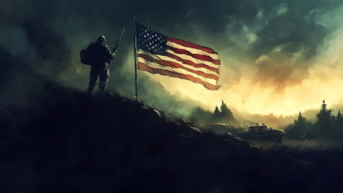 US soldier silhouette with flag in storm-lit battlefield sky.