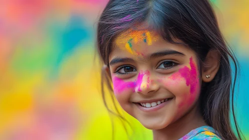 Young Subject With Vibrant Powder Paint Face Art Against Gradient Backdrop.