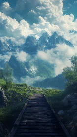 Wooden mountain path rises into luminous cloud-wrapped peaks