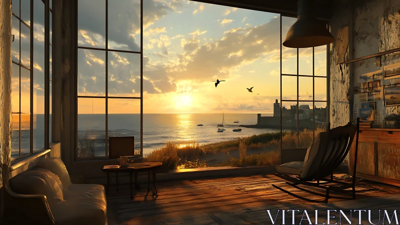 Sunlit loft interior overlooking coastal fortress at sunset