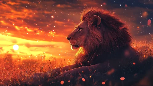 Majestic lion observes a glowing ember-filled twilight savanna