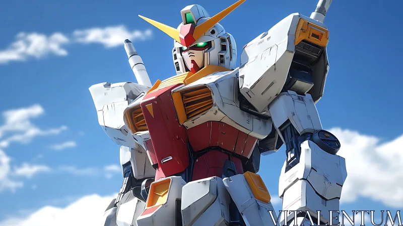 Heroic white mecha stands proudly beneath a bright blue sky
