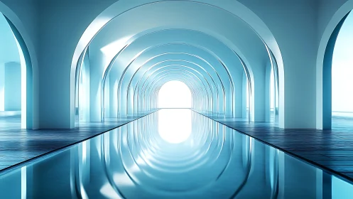 Futuristic Tunnel with Concentric Arches and Reflective Water Floor.