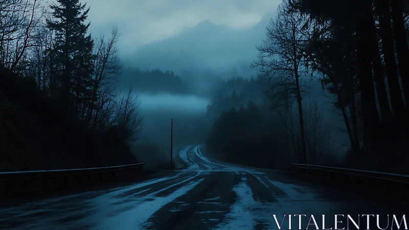 Wet mountain road at dusk with fog-covered forested hills.