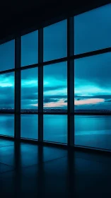 Large grid window overlooks blue water under dusk clouds
