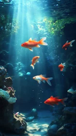 Sunlit goldfish drift like lanterns in a blue cathedral