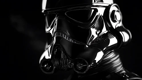 Chrome sci‑fi armored helmet rendered in reflective detail.