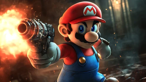 Intense cartoon plumber unleashes fiery blaster shot in battle.