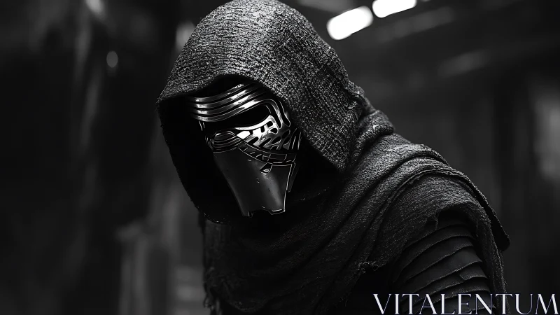 Hooded sci fi warrior in textured armor and mask portrait.