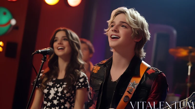 Teen musicians perform vocals and guitar on colorful stage