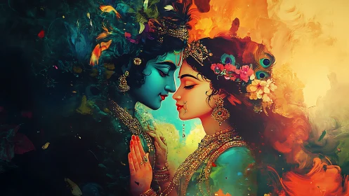 Stylized Figures with Ornamental Adornment and Gradient Background.