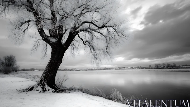 Snow covered riverside tree under heavy winter clouds.