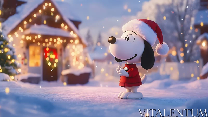 Cartoon beagle in Santa hat enjoys cozy snowy Christmas evening