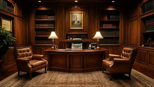 Mahogany mind chamber with leather-clad counsel chairs.