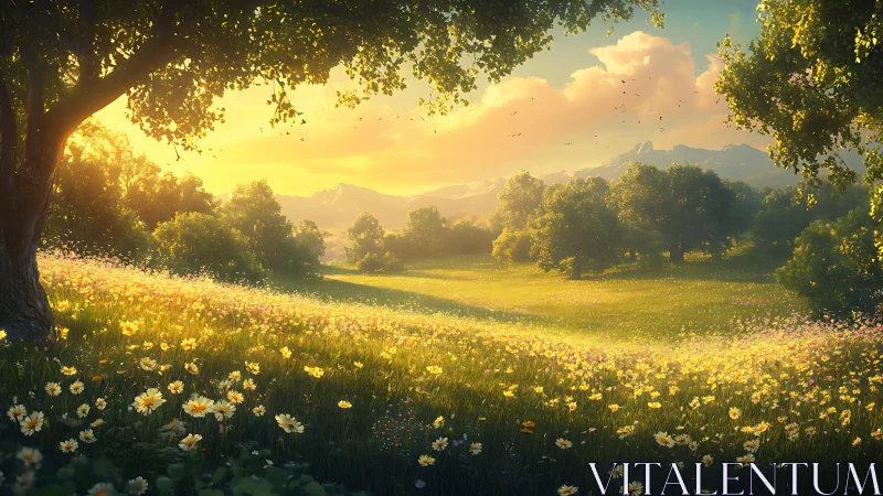 Digital painting landscape of sunlit wildflower meadow at dusk.