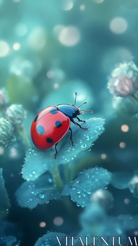 Ladybug rests on dewy leaf in softly blurred teal background