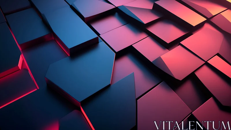 Geometric 3D panels with neon red and blue lighting design.