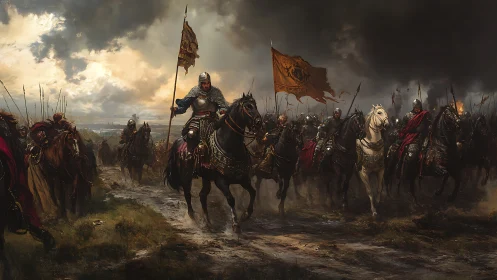 Stormbound cavalry charge beneath smoldering war banners.