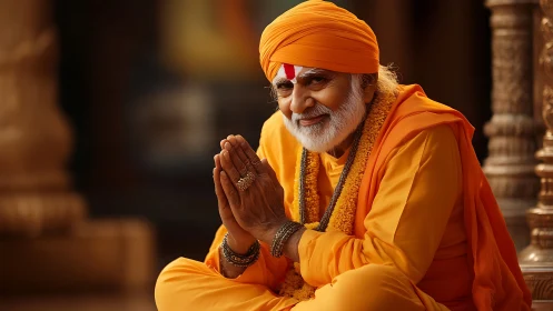 Gentle elder in saffron robes sharing a peaceful blessing.