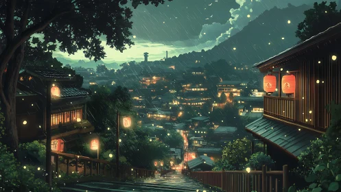 Rainlit lantern street over a dreaming hillside village at dusk.