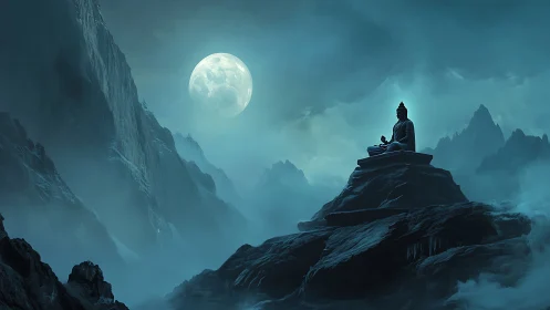 Lunar-illuminated Buddha statue on misty alpine rock plateau