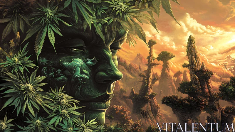 Leaf crowned forest guardian gazes over misty floating peaks