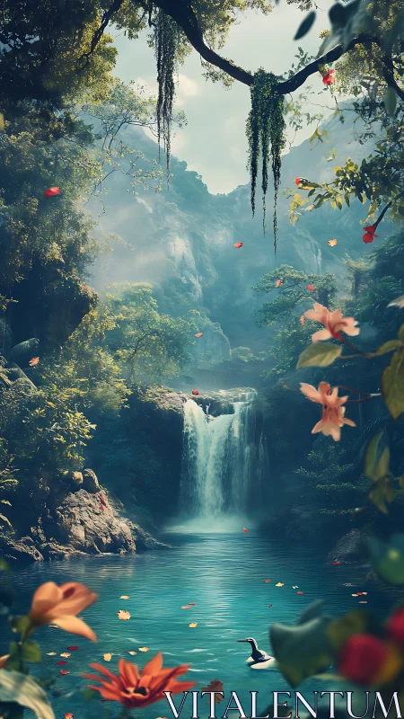 Whispering waterfall lagoon under drifting blossom confetti.