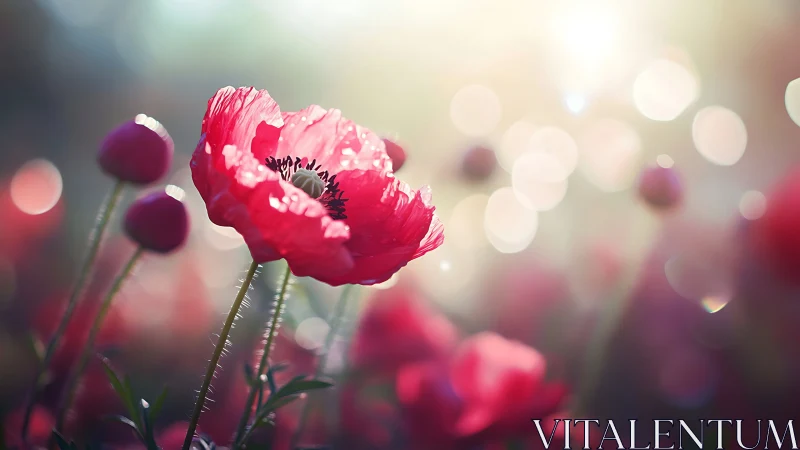 Red poppies backlit with bokeh blur and soft light.