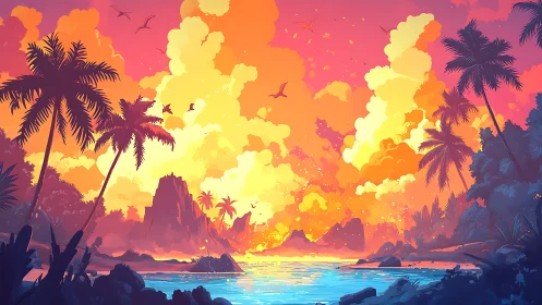 Vibrant tropical shoreline rendered in high-saturation digital art