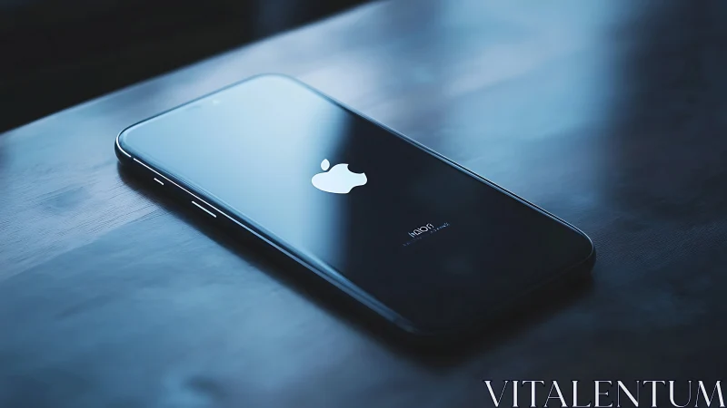Black iPhone displaying illuminated Apple logo on studio surface.