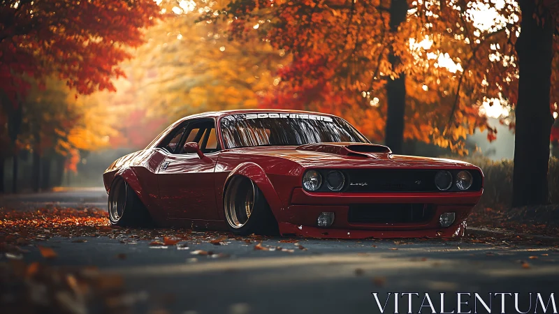 Crimson muscle car rests boldly beneath glowing autumn trees