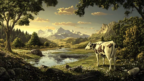 Cow standing by reflective river in wide mountain valley.