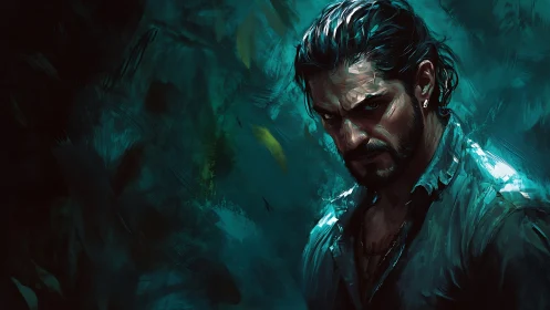 Male figure in teal-toned digital portrait with dark backdrop.