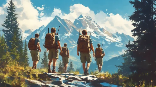 Backpackers trek toward sunlit alpine peaks in summer.