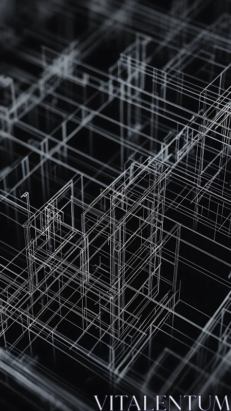 Intricate wireframe lines quietly map a layered digital maze