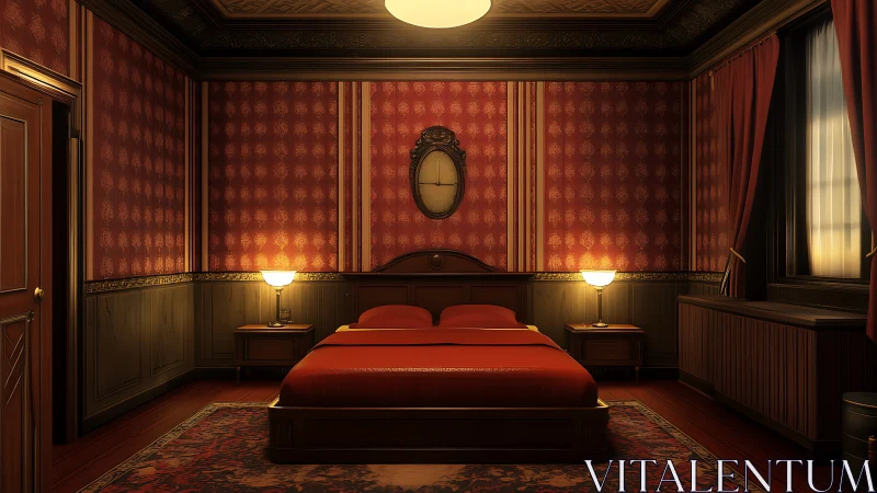 Symmetrical red bedroom interior with warm lamplit ambience and wood