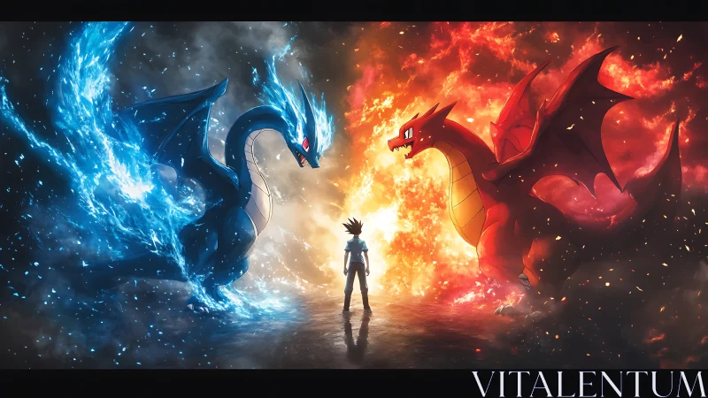 Twin elemental dragons crown a lone trainer in blazing light