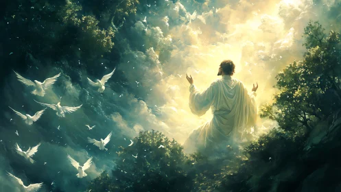 Robe-clad figure kneels amid luminous clouds and rising doves