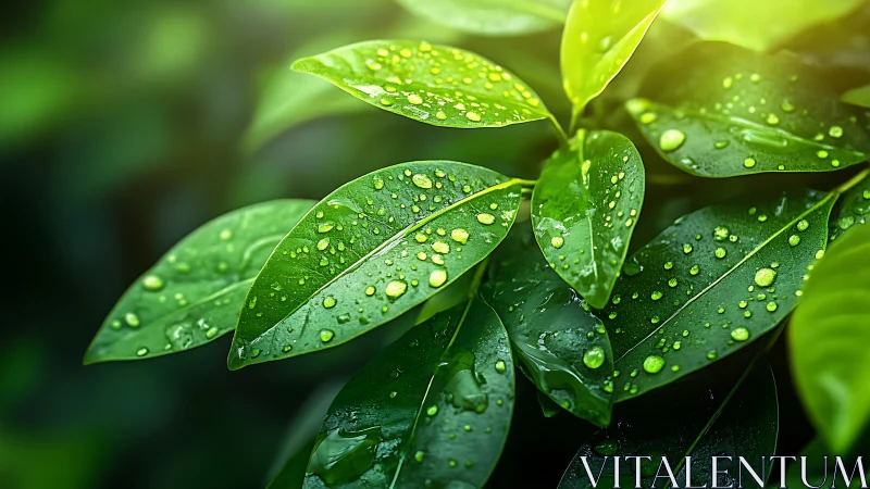 Wet green leaves catch morning light with crisp surface detail
