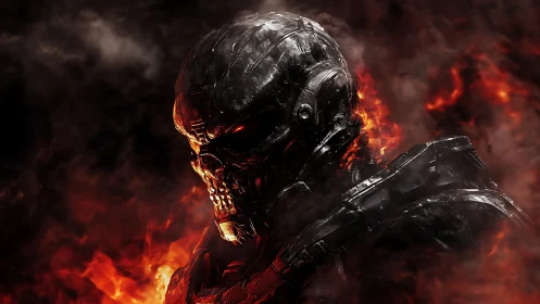 Armored skull warrior emerges from burning smoke and flame