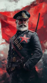 Proud bearded officer stands strong before a bold red flag