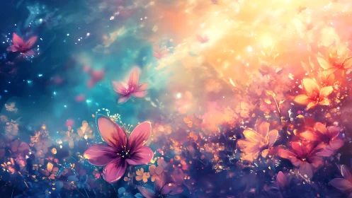 Ethereal Floral Field with Gradient Light and Bokeh Effects.