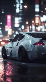 Neon-soaked street racer under moody wet city lights.