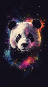 Panda portrait within multicolored cosmic nebula field.