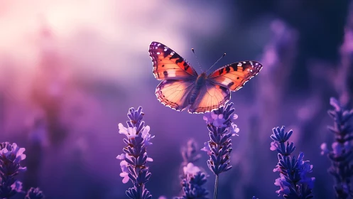 Orange butterfly resting over purple lavender flowers field