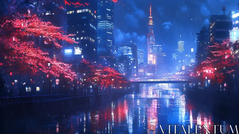 Rain-soaked neon cityscape reflects red foliage in canal surface