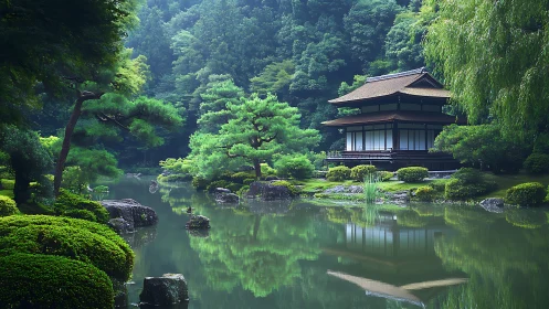 Serene Japanese lakeside pavilion rests in misty green forest