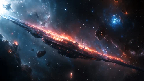 Burning galactic shard slices through blue nebular starfield