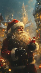 Santa enjoys a magical snowfall in a glowing Christmas town